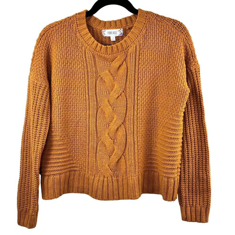 Pink Rose Cable Knit Sweater Mustard Color Size M